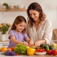 Mãe e filha preparando juntas uma refeição colorida e saudável na cozinha